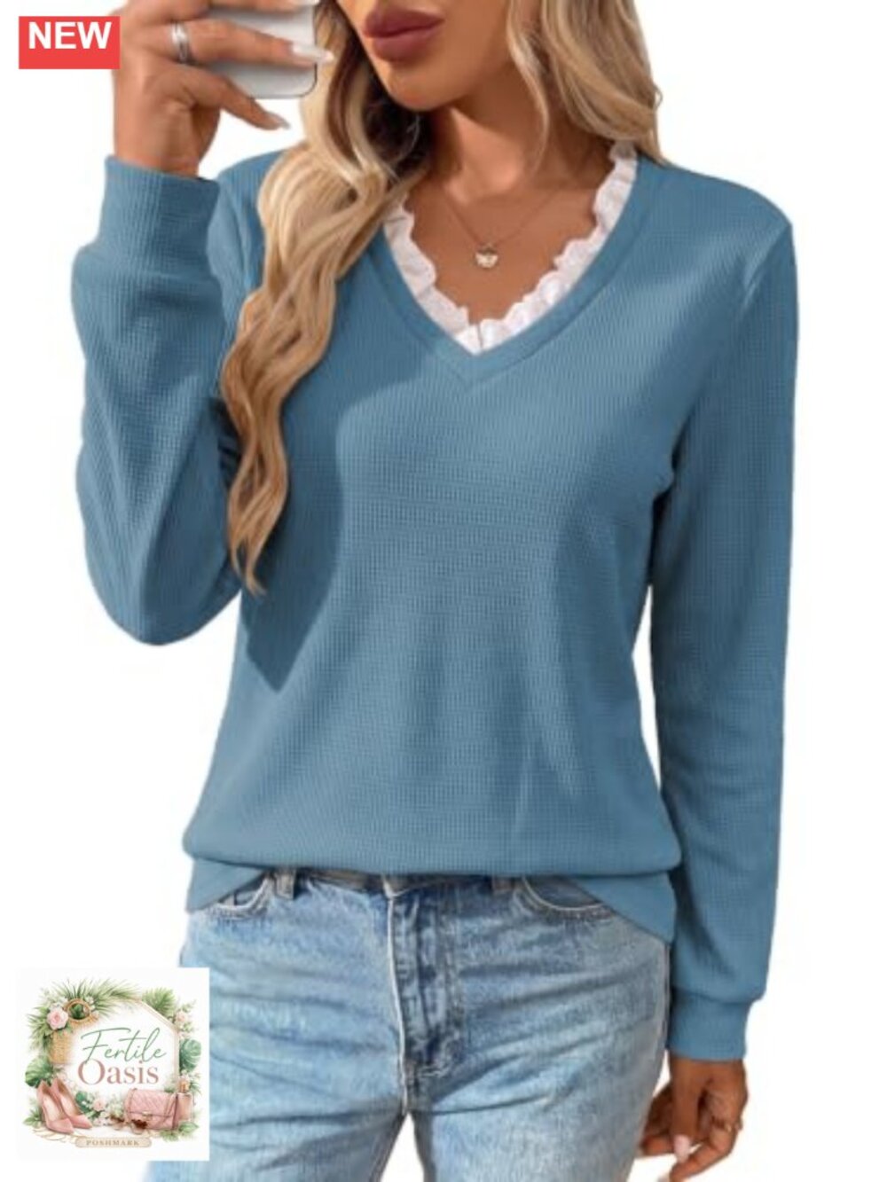 Womens Waffle Knit Pullover Lace V Neck Blouse Fall Winter